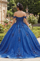 Load image into Gallery viewer, Sparkly Royal Blue Beaded Princess Glitter Floral Long Corset Quinceanera Dress