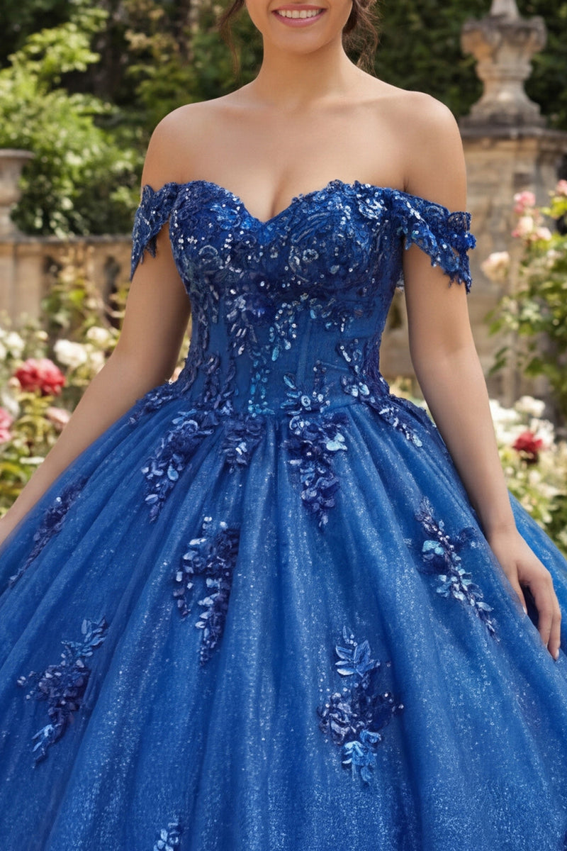 Load image into Gallery viewer, Sparkly Royal Blue Beaded Princess Glitter Floral Long Corset Quinceanera Dress