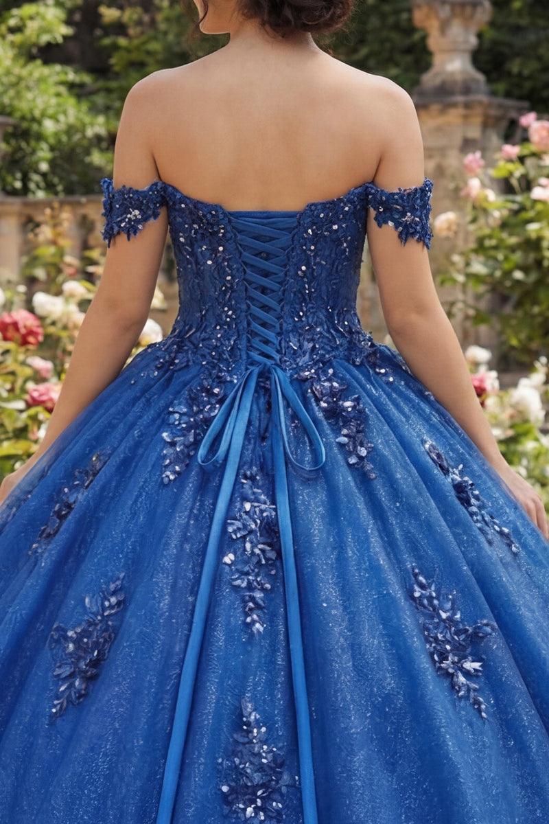 Load image into Gallery viewer, Sparkly Royal Blue Beaded Princess Glitter Floral Long Corset Quinceanera Dress