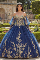 Load image into Gallery viewer, Glitter Princess Appliqued Floral Long Navy Quinceanera Dress