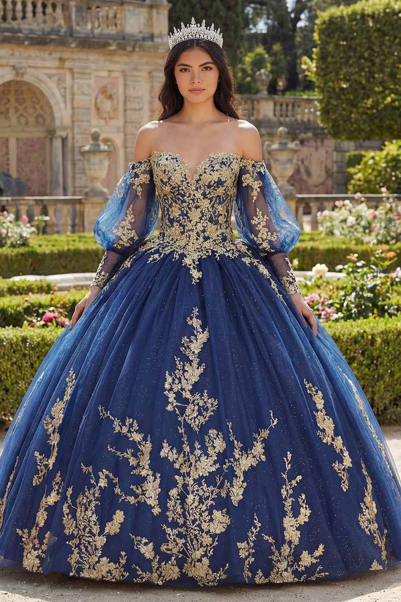 Load image into Gallery viewer, Glitter Princess Appliqued Floral Long Navy Quinceanera Dress
