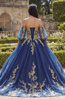 Load image into Gallery viewer, Glitter Princess Appliqued Floral Long Navy Quinceanera Dress