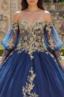 Load image into Gallery viewer, Glitter Princess Appliqued Floral Long Navy Quinceanera Dress