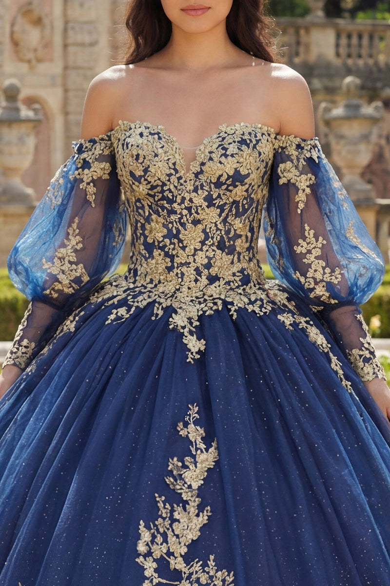 Load image into Gallery viewer, Glitter Princess Appliqued Floral Long Navy Quinceanera Dress