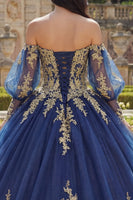 Load image into Gallery viewer, Glitter Princess Appliqued Floral Long Navy Quinceanera Dress