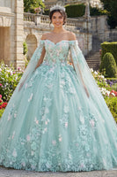 Load image into Gallery viewer, Mint Green Floral Long Corset Princess Glitter Quinceanera Dress with Cape