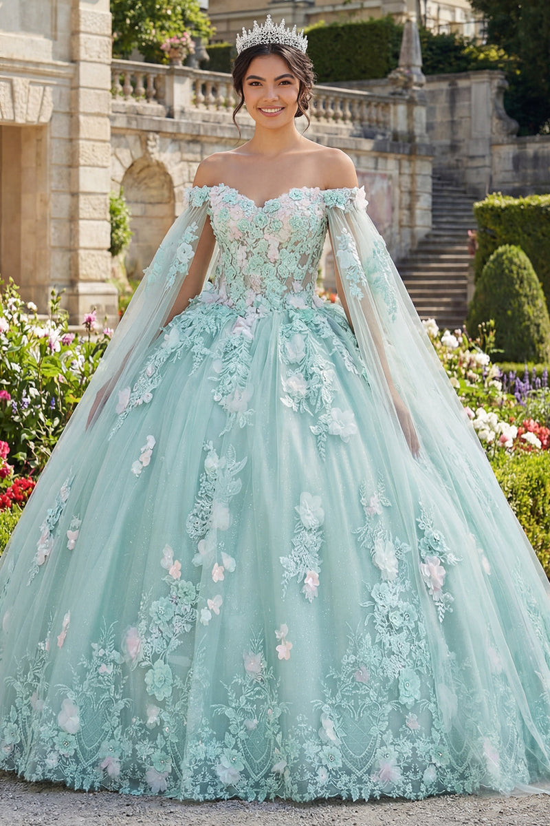 Load image into Gallery viewer, Mint Green Floral Long Corset Princess Glitter Quinceanera Dress with Cape