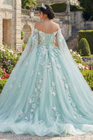 Load image into Gallery viewer, Mint Green Floral Long Corset Princess Glitter Quinceanera Dress with Cape