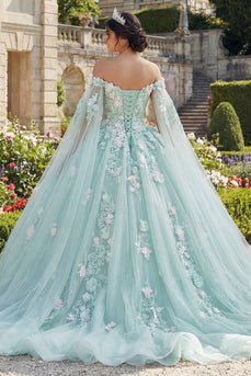 Mint Green Floral Long Corset Princess Glitter Quinceanera Dress with Cape