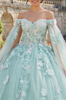 Load image into Gallery viewer, Mint Green Floral Long Corset Princess Glitter Quinceanera Dress with Cape