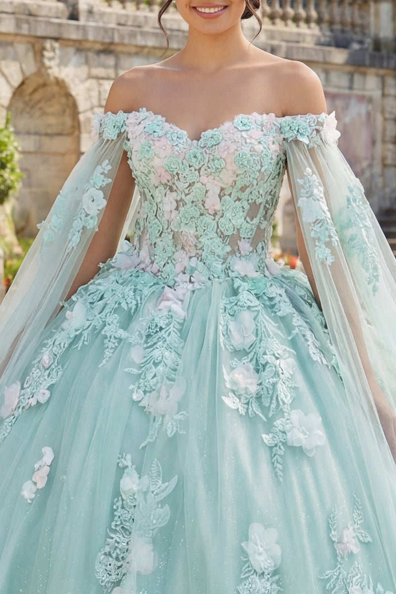 Load image into Gallery viewer, Mint Green Floral Long Corset Princess Glitter Quinceanera Dress with Cape