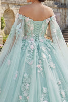 Load image into Gallery viewer, Mint Green Floral Long Corset Princess Glitter Quinceanera Dress with Cape