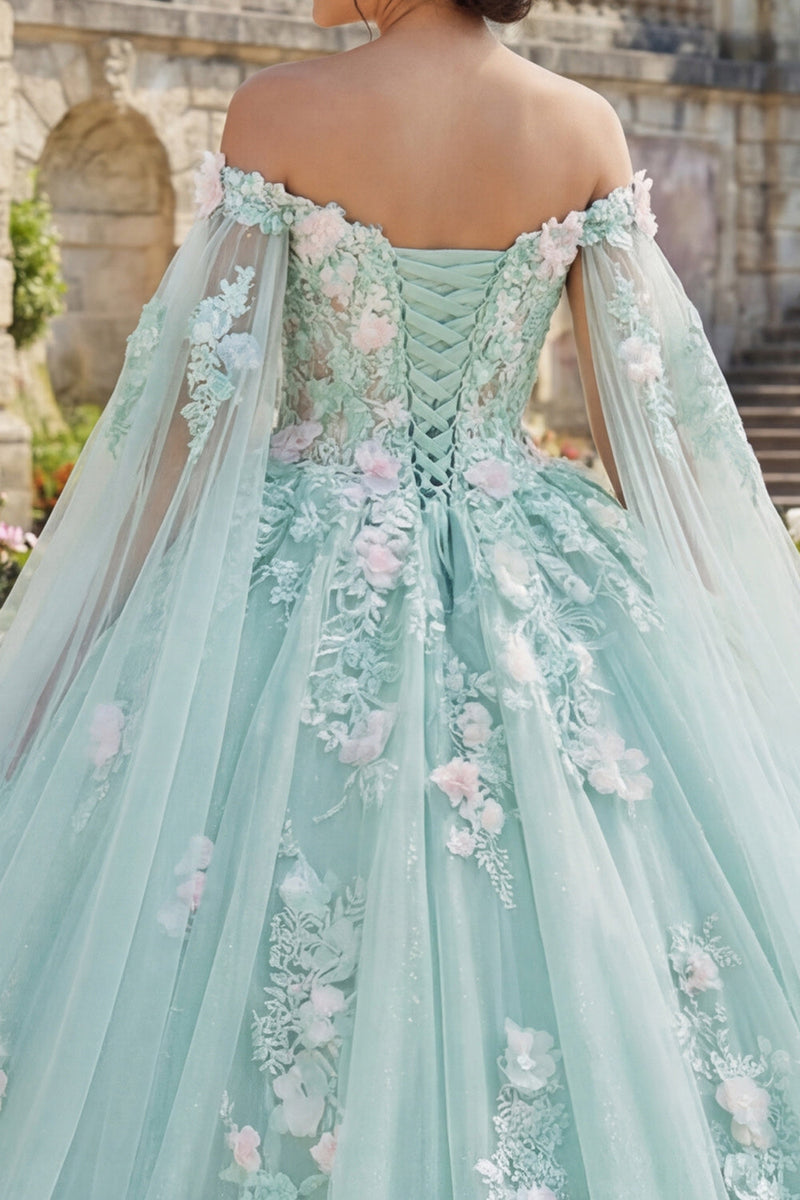 Load image into Gallery viewer, Mint Green Floral Long Corset Princess Glitter Quinceanera Dress with Cape