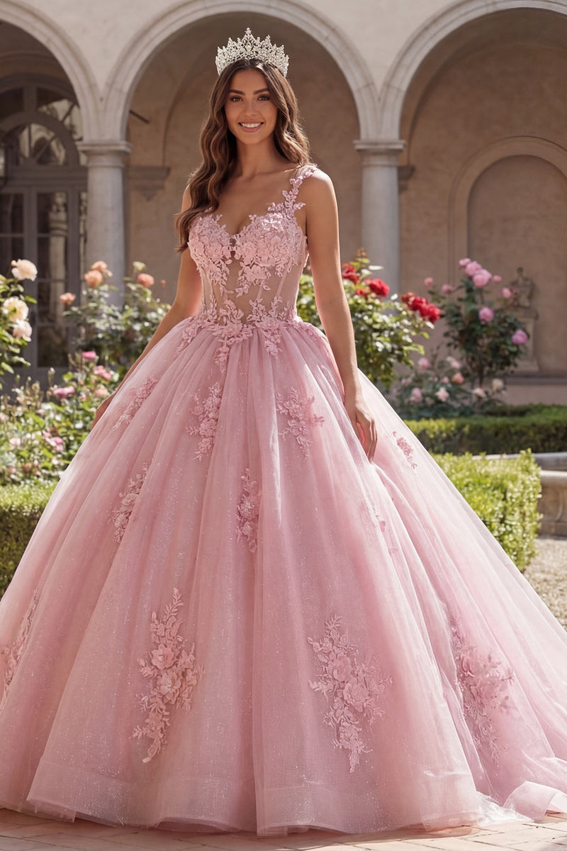 Load image into Gallery viewer, Thick Straps Pink Floral Corset Long Glitter Princess Quinceanera Dress
