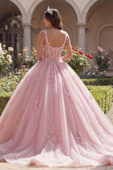 Thick Straps Pink Floral Corset Long Glitter Princess Quinceanera Dress