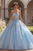 Load image into Gallery viewer, Strapless Corset Sky Blue Floral Long Glitter Princess Quinceanera Dress with Lace