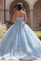 Load image into Gallery viewer, Strapless Corset Sky Blue Floral Long Glitter Princess Quinceanera Dress with Lace