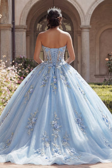 Strapless Corset Sky Blue Floral Long Glitter Princess Quinceanera Dress with Lace
