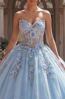 Load image into Gallery viewer, Strapless Corset Sky Blue Floral Long Glitter Princess Quinceanera Dress with Lace