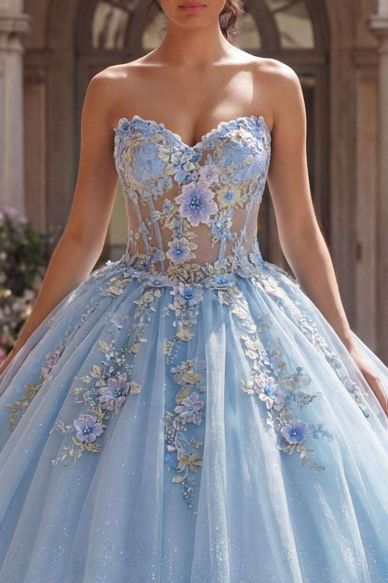 Load image into Gallery viewer, Strapless Corset Sky Blue Floral Long Glitter Princess Quinceanera Dress with Lace