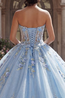 Load image into Gallery viewer, Strapless Corset Sky Blue Floral Long Glitter Princess Quinceanera Dress with Lace