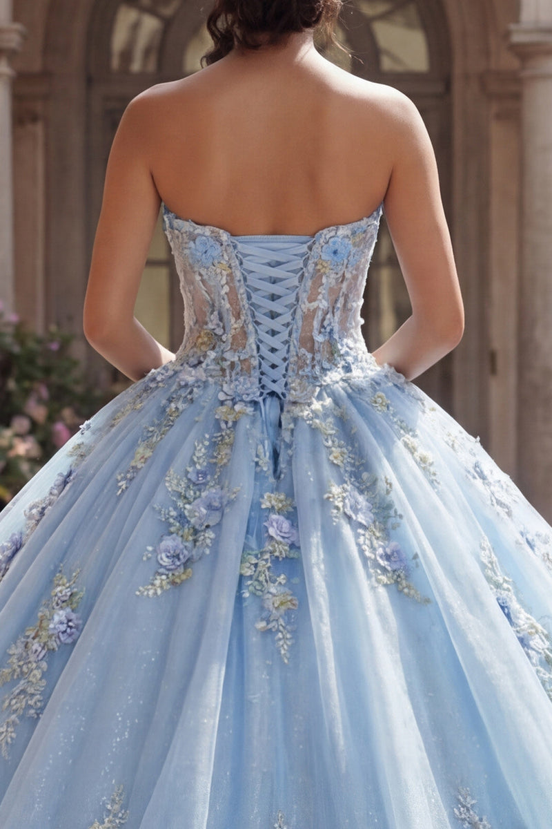 Load image into Gallery viewer, Strapless Corset Sky Blue Floral Long Glitter Princess Quinceanera Dress with Lace