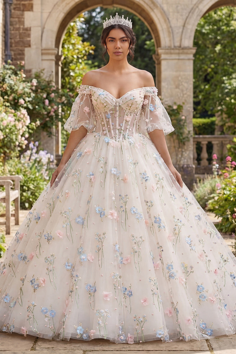 Load image into Gallery viewer, Champagne Puff Sleeves Princess Floral Corset Long Quinceanera Dress