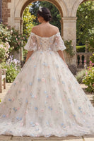 Load image into Gallery viewer, Champagne Puff Sleeves Princess Floral Corset Long Quinceanera Dress