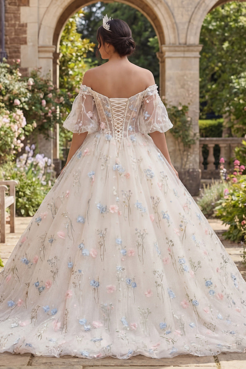 Load image into Gallery viewer, Champagne Puff Sleeves Princess Floral Corset Long Quinceanera Dress