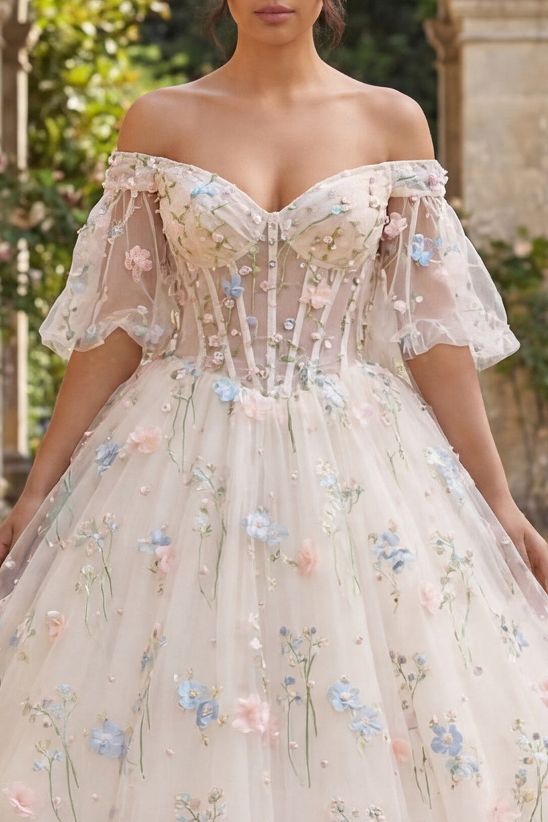 Load image into Gallery viewer, Champagne Puff Sleeves Princess Floral Corset Long Quinceanera Dress