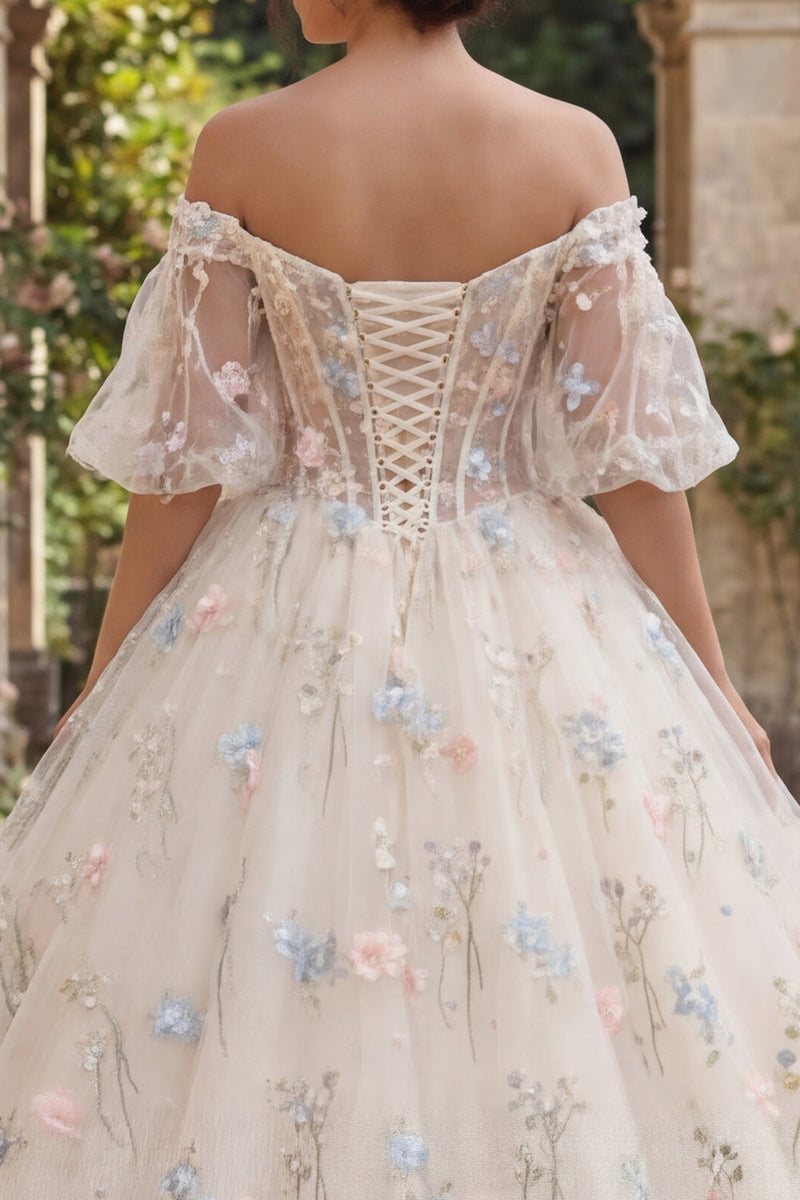 Load image into Gallery viewer, Champagne Puff Sleeves Princess Floral Corset Long Quinceanera Dress