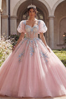 Load image into Gallery viewer, Pink Floral Puff Sleeves Long Glitter Corset Princess Quinceanera Dress with Lace
