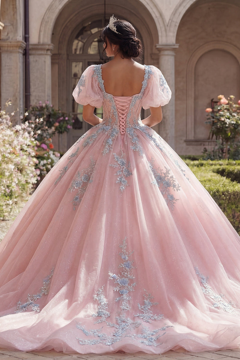 Load image into Gallery viewer, Pink Floral Puff Sleeves Long Glitter Corset Princess Quinceanera Dress with Lace