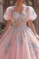 Load image into Gallery viewer, Pink Floral Puff Sleeves Long Glitter Corset Princess Quinceanera Dress with Lace