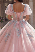 Load image into Gallery viewer, Pink Floral Puff Sleeves Long Glitter Corset Princess Quinceanera Dress with Lace