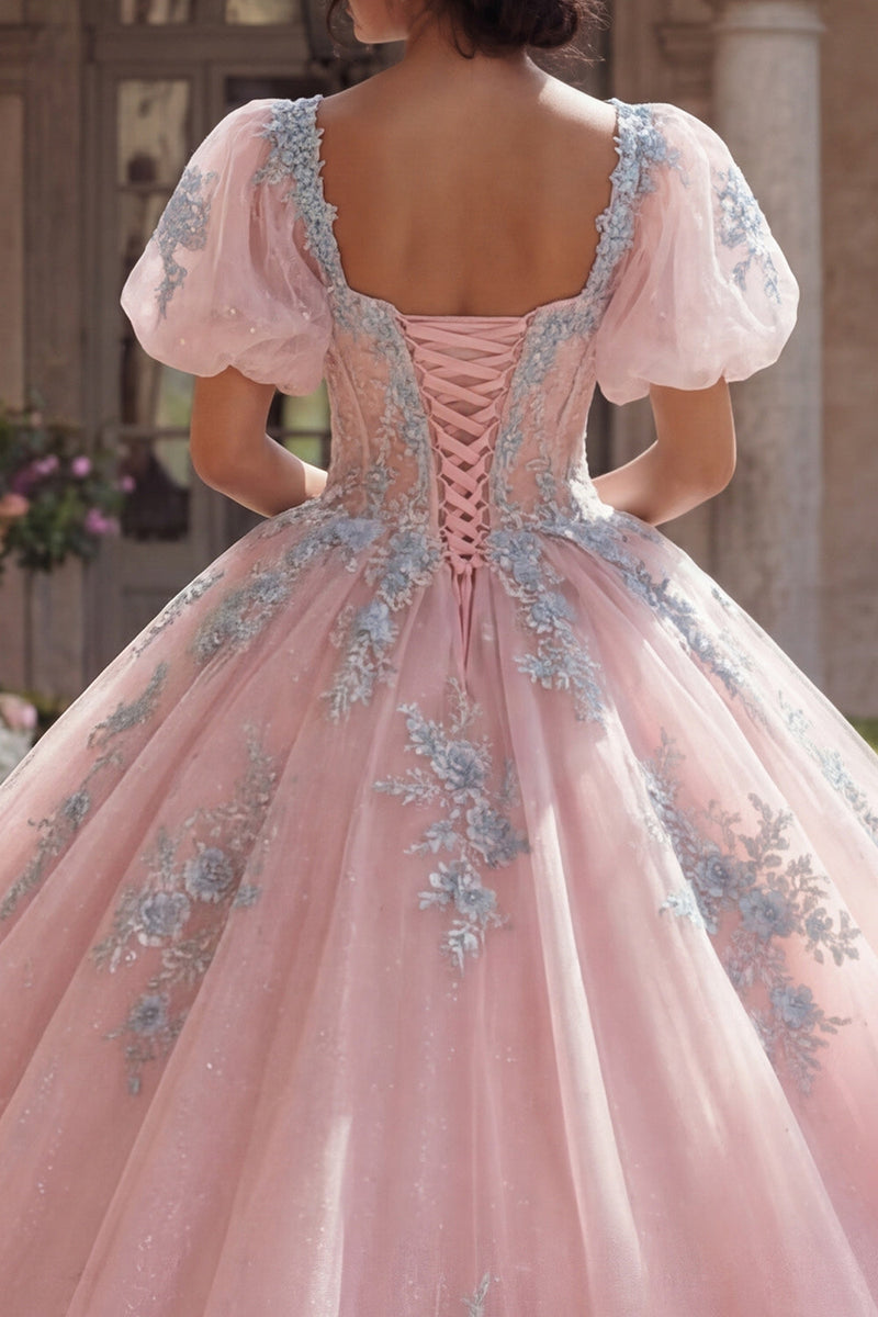Load image into Gallery viewer, Pink Floral Puff Sleeves Long Glitter Corset Princess Quinceanera Dress with Lace