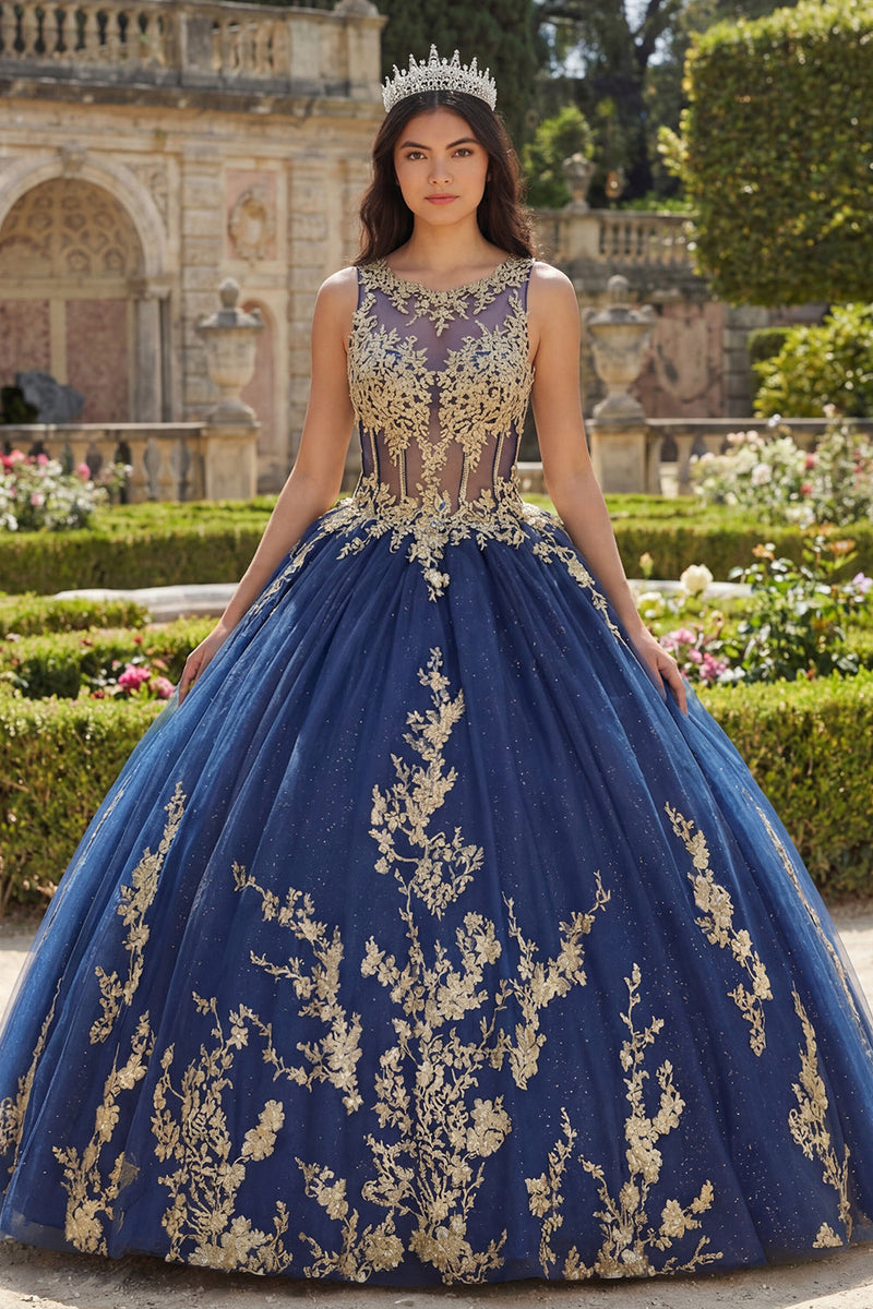 Load image into Gallery viewer, Boat Neck Glitter Princess Corset Floral Long Appliqued Navy Quinceanera Dress