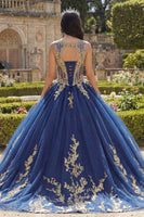 Load image into Gallery viewer, Boat Neck Glitter Princess Corset Floral Long Appliqued Navy Quinceanera Dress