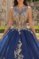 Load image into Gallery viewer, Boat Neck Glitter Princess Corset Floral Long Appliqued Navy Quinceanera Dress