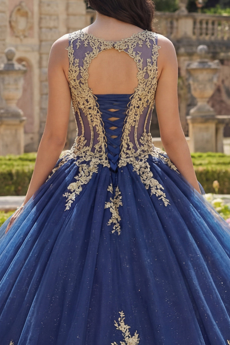Load image into Gallery viewer, Boat Neck Glitter Princess Corset Floral Long Appliqued Navy Quinceanera Dress