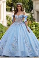 Load image into Gallery viewer, Sky Blue Corset Floral Long Glitter Princess Beaded Quinceanera Dress with Bows