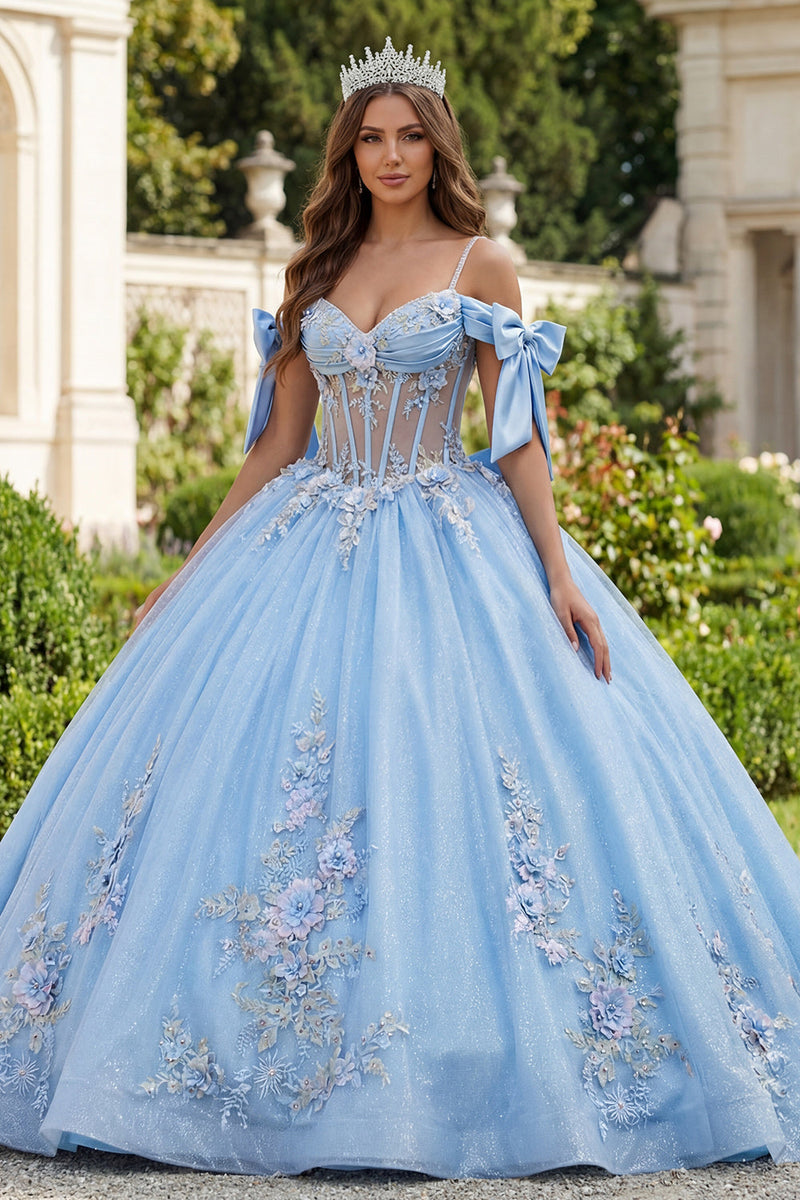 Load image into Gallery viewer, Sky Blue Corset Floral Long Glitter Princess Beaded Quinceanera Dress with Bows