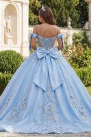 Load image into Gallery viewer, Sky Blue Corset Floral Long Glitter Princess Beaded Quinceanera Dress with Bows