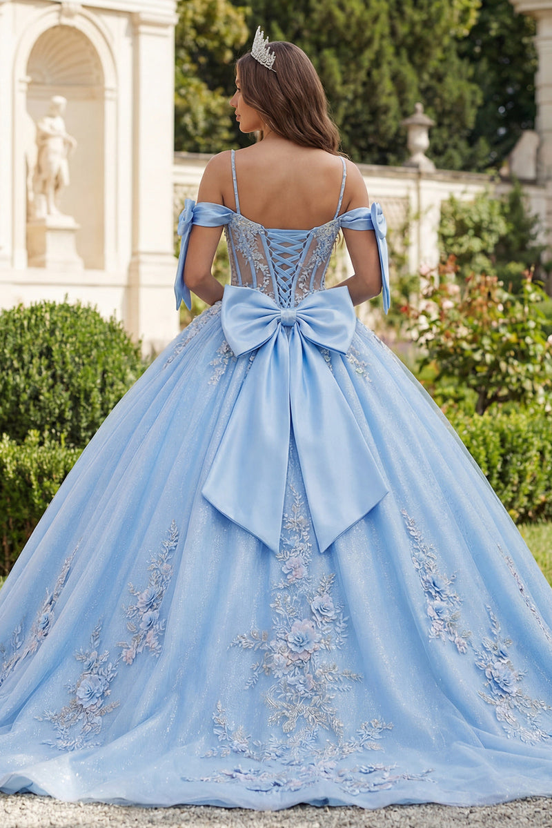 Load image into Gallery viewer, Sky Blue Corset Floral Long Glitter Princess Beaded Quinceanera Dress with Bows