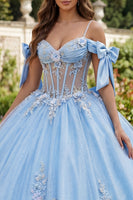 Load image into Gallery viewer, Sky Blue Corset Floral Long Glitter Princess Beaded Quinceanera Dress with Bows