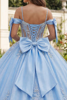 Load image into Gallery viewer, Sky Blue Corset Floral Long Glitter Princess Beaded Quinceanera Dress with Bows