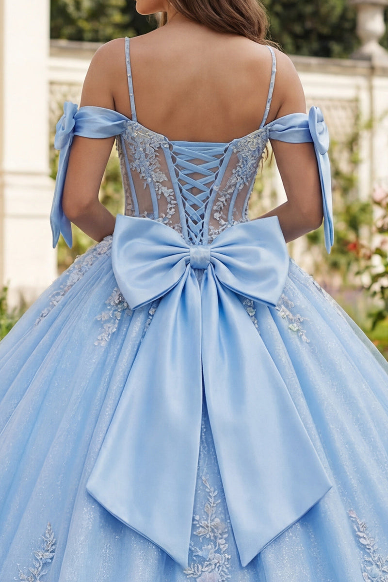 Load image into Gallery viewer, Sky Blue Corset Floral Long Glitter Princess Beaded Quinceanera Dress with Bows