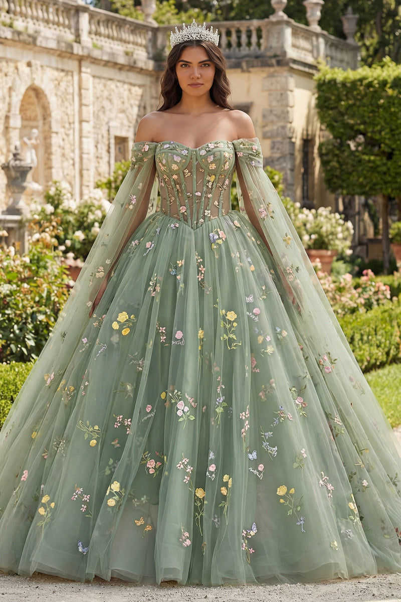 Load image into Gallery viewer, Dusty Sage Princess Corset Floral Long Quinceanera Dress with Cape