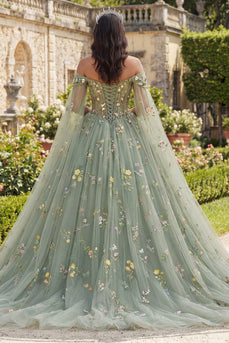 Dusty Sage Princess Corset Floral Long Quinceanera Dress with Cape