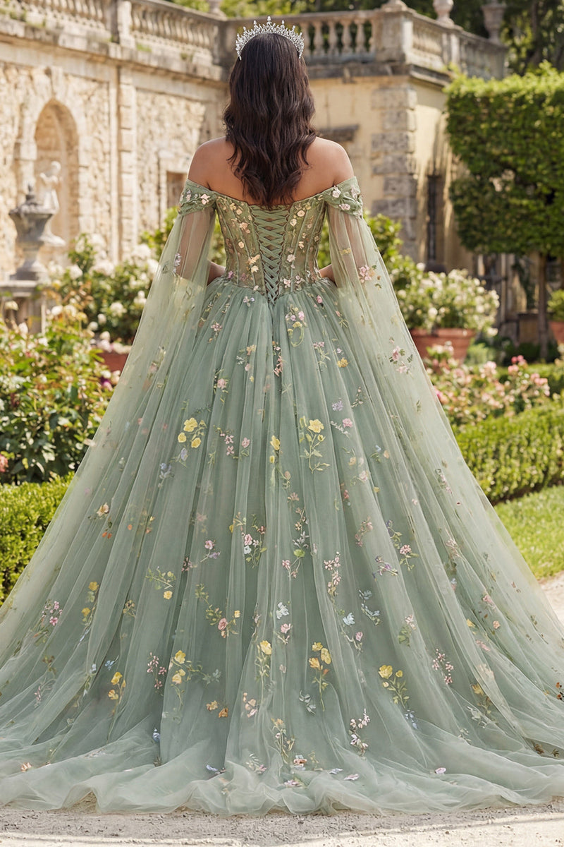 Load image into Gallery viewer, Dusty Sage Princess Corset Floral Long Quinceanera Dress with Cape